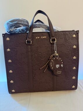 Betsey Johnson Brown Embossed Skull Tote with Crystal Skull Charm Key Fob